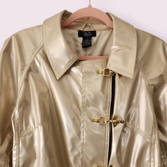 Vintage Y2K Fireman Clasp Vinyl Jacket Gold Trench Coat Hot in Hollywood‎ Size S - Picture 2 of 9